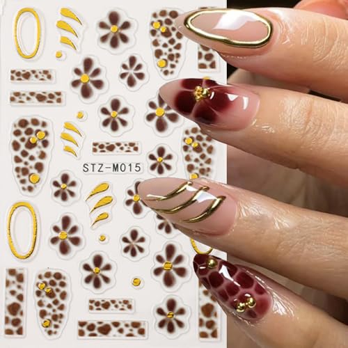 Flower Nail Art Stickers Decals French Tip Flower Nail Decals 4PCS Brown Wine Red Blue Flowers Petals Golden Circle Polka Dot Design Nails Adhesive Stickers for Women Fall Winter Nail Art Decorations - style: style8
