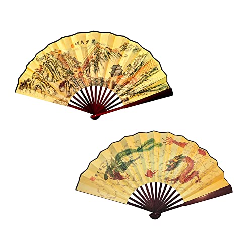 Fox Baby 2 Pcs Folding Hand Fan,13 inch Bamboo Fabric Large Hand Fans with Chinese Traditional Painting for Decorations,Performance (Great Wall & Dragon Phoenix) - color: Great Wall & Dragon Phoenix
