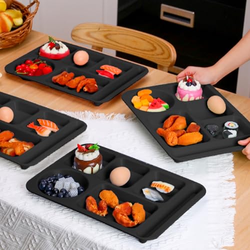Pinkunn 12 Pcs 14'' Large Divided Plates Unbreakable Wheat Straw Lunch Trays 6 Compartments Cafeteria Trays Microwave Dishwasher Safe Food Separator Plates (Black) - color: Black