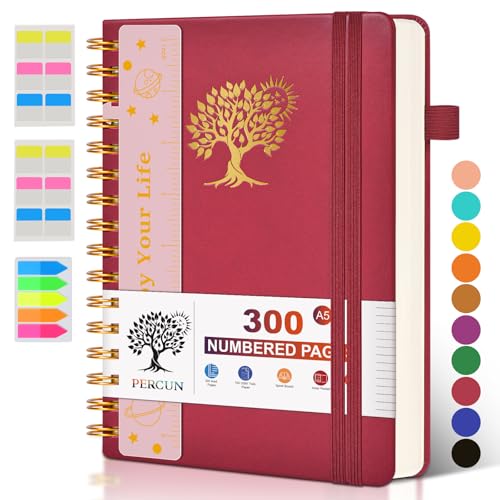 PERCUN Spiral Notebook 300 Numbered Lined Pages Hardcover Journal 5.9"x8.5" - color: Red, size: A5 size (5.9in x 8.5in)