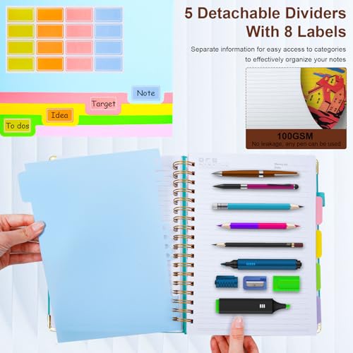 Hardcover Spiral Notebook 8"x10" Journal Notebook with Tabs and Removable Dividers 300 Pages 5 Subject Notebook College Ruled, Faux Leather Spiral Bound Notebook for Women School Work (Brown) - color: Brown, size: 8"x10"(B5)