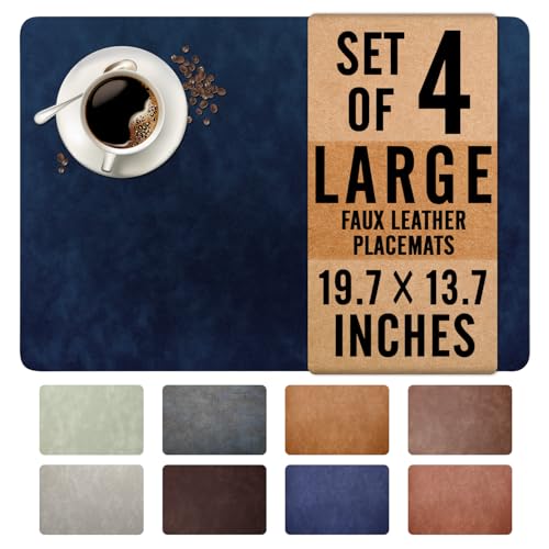 UnivoColors Washed Cowhide Pattern Faux Leather Big Size Placemats Set of 4, Waterproof Easy to Clean Anti-Slip PU Table Mats for Party Decoration19.7″×13.6″,Navy Retro Cowhide Pattern - color: Navy