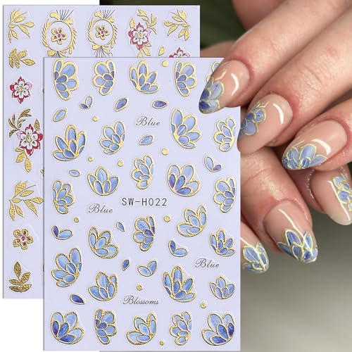 3D Flower Nail Art Stickers Decals Luxury Flower Petal Stickers with Tweezers 12 PCS Self Adhesive Pink Purple Blue Floral Gold Edge Decals Cherry Blossom Lily Summer DIY Manicure Nail Art Decoration - style: Flower Golden Edge Styles