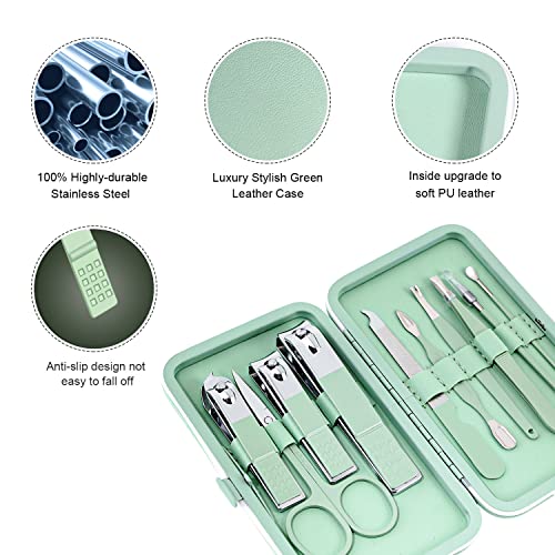Manicure Set, Travel Mini Nail Clippers Kit Pedicure Care Tools, 10pcs Stainless Steel Grooming kit (Green) - color: Green