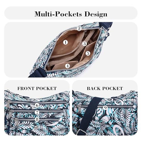 AOCINA Nylon Crossbody Bags for Women Multi Pocket Cross Body Purses - color: Blue Leaf, size: Small