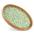 Round Rattan Tray with Mother of Pearl Inlay, Boho Style Decor Tray is Suitable for Bread Fruit Coffee, Also Functions as Kitchen Dining Table Home Decor Trays (Green)