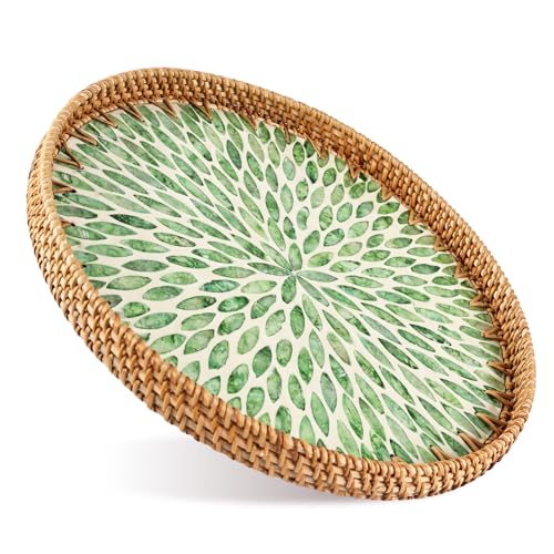 Round Rattan Tray with Mother of Pearl Inlay, Boho Style Decor Tray is Suitable for Bread Fruit Coffee, Also Functions as Kitchen Dining Table Home Decor Trays (Green)