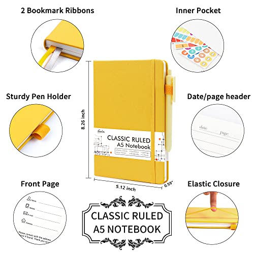 12 Pack Notebooks Journals Bulk with 12 Black Pens, Feela A5 Hardcover Notebook Classic Ruled Journal Set with Pen Holder for School Business Work Travel Writing, 120 GSM, 5.1”x8.3”, Yellow - color: 12 Pack yellow