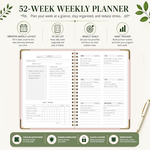 Undated Weekly Planner, Weekly To Do List Notebook with Habit Tracker, A5 - color: Pink