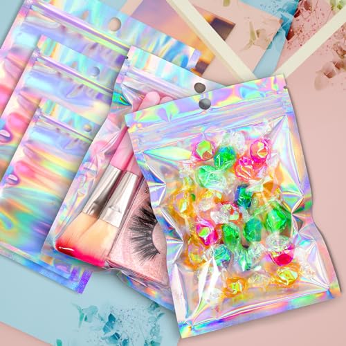 Funfery 100pcs Mylar Holographic Bags-Resealable Zipper&Clear Window - color: Holographic, size: 5.5 x 7.9 Inch