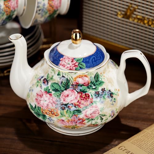 fanquare 21-Piece Blue Lace Porcelain Tea Set, China Coffee Cup and Saucer Set for 6, Pink Flower Tea Sets for Adults Women - color: Light Pink