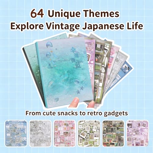 Tmtains 64 Sheets Korean Sticker Book for Scrapbook Retro Manga & Rain Style Japanese Stickers for Journaling Aesthetic Cute Sticker Book for Adults Dreamcore Stickers for DIY Junk Journal (Rain) - color: B-blue&green