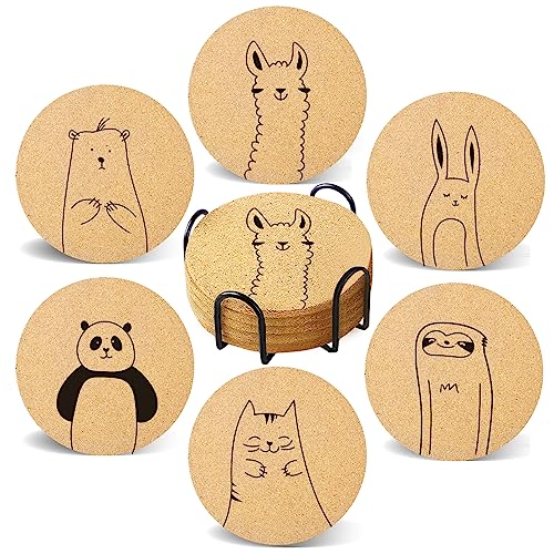 Coasters for Drinks with Holder Set of 6, Cute Animals Coaster Bulk for House Warming Gifts for New Home Couples Absorbent Cork Wood Cup Desk Coffee Table Office Kitchen Decor, Round 4" - color: Animals