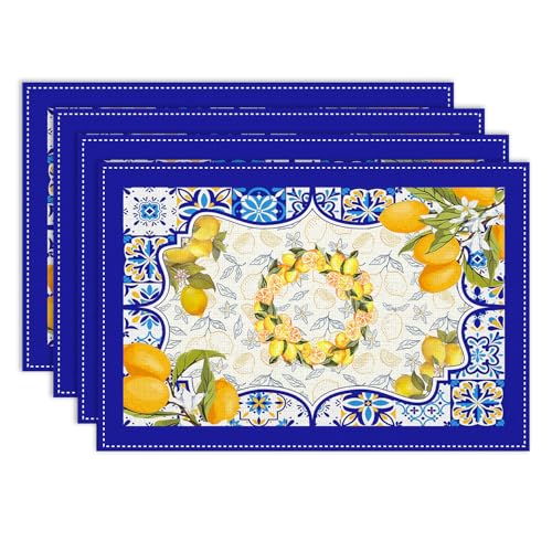 Summer Lemon Mediterranean Italian Tiles Placemats Set of 4, 12x18 Inch - color: Lemon07, size: 4pcs