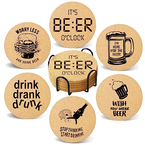 Coasters for Drinks with Holder Set of 6, Absorbent Cork Wood Coaster for Cup Desk Office Table Kitchen Decor House Warming Gifts for New Home Couples, Round 4" - color: Beer