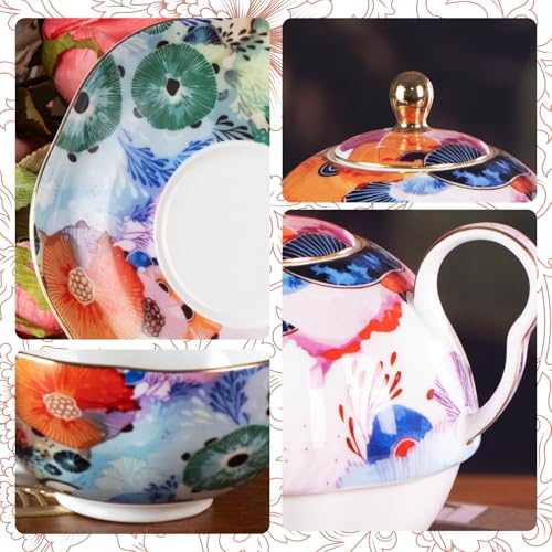 KAMMAK Tea for One Set, Ceramic Teapot, Bone China Tea Set, Cup and Saucer - color: Colorful-XY2