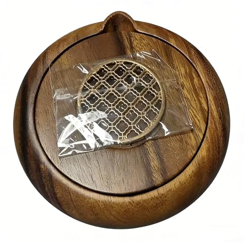Walnut Wood Tea Tray with Brass Grid Lid - Round Serving Tray for Gongfu Tea, Elegant Tea Service Board for Home & Office