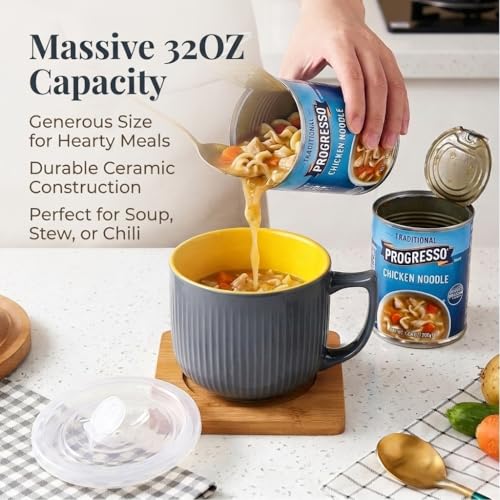 Ceramic Soup Bowl with Handle & Lid, Large 32oz Microwave Ramen Bowl Gray - color: Gray/Yellow 32, size: 32 OZ