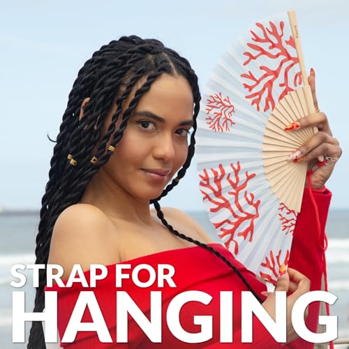 Fisura – Original Blue Folding Fan with Corals Design, Wooden Handheld Fan for Women, Includes Hanger, Perfect for Wedding, Party, Travel, Gift or Summer Decoration - color: Corals