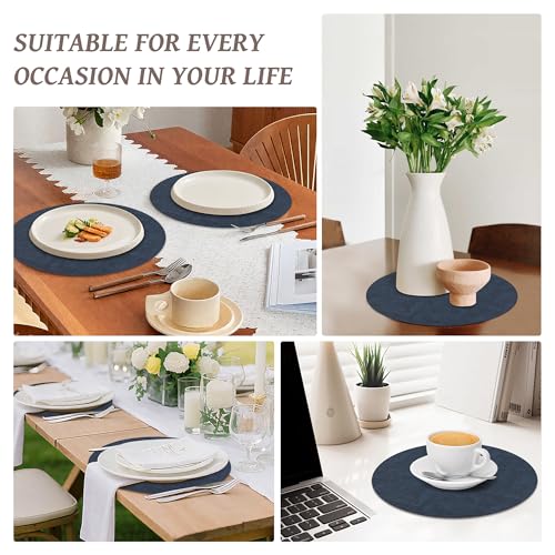 13" Round Placemats Set of 6, Reversible Faux Leather Wipeable Table Mats - color: Navy Blue