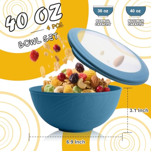 40OZ Wheat Straw Bowls Set with Lids, Camping Bowls with Lids,Blue - color: Blue, size: 40 OZ with Lid
