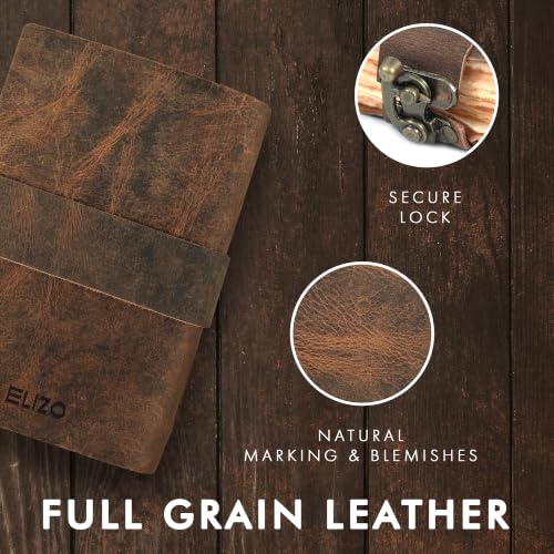 ELIZO Vintage Leather Bound Journal for Men & Women, Book of Shadows Grimoire Journal, Thick Strap&Lock Closure-200 Handmade Deckle Pages Genuine Leather Sketchbook Notebook, Teak Brown, 4X6 inches - size: 4x6 (Strap & Lock Closure)