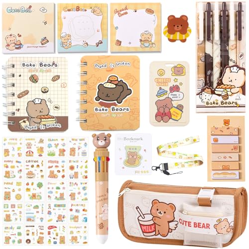 406Pcs Cute Bear Stationery Set, Kawaii Office Supplies Includes Fun Pencil Case Gel Ink Pens, Cartoon Sticky Notes Mini Notebooks Stickers Card Case As Bulk Party Gifts for Girls (Bear) - style: Bear