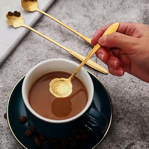 20-Piece Stainless Steel Rose Flower Coffee & Dessert Spoon Set - Gold