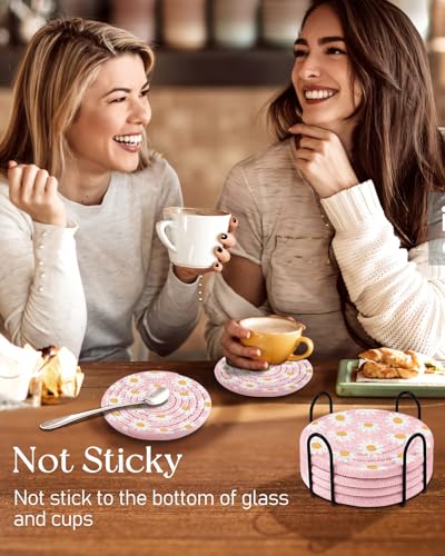 Absorbent Cup Coasters Set of 6 with Holder, Daisy - color: Daisy