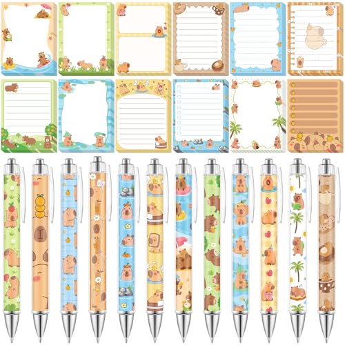 Dispowreath 24 Pcs Capybara Sticky Notes with Pens Christmas Cute Cartoon Self Adhesive Notepad Capybara Lover Gifts Black Ink Ballpoint Pen for Office Teacher Supplies Birthday Party Favors - style: Capybara