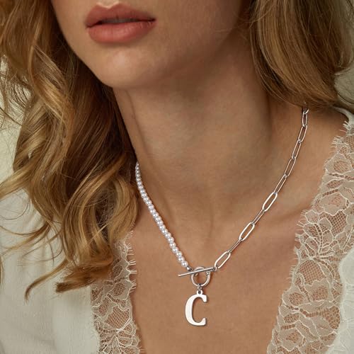 Yoosteel Pearl Initial Necklace for Women, Dainty Pearl Chain Choker Initial Necklaces for Women Toggle Clasp Paperclip Link Chain Necklace Jewelry Gifts - color: Silver, style: C
