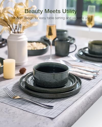 Famiware Star Stoneware Dinnerware Sets for 8, Reactive Glaze Plates, Bowls - color: Deep Forest