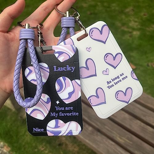 2 Pcs Kpop Photocard Holder Heart Style PC Holder ID Badge Holder with Keychain Hard Shell Protective Photo Sleeves (Black and White)