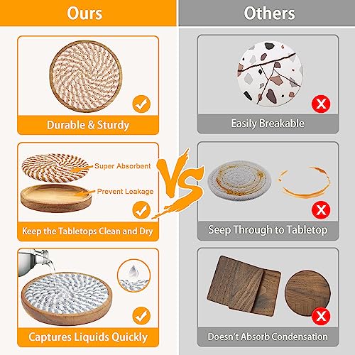Wood Coasters for Drinks, Eykao Absorbent Coaster Sets of 5, Woven Drink Coasters for Coffee Table, Housewarming Gift for Farmhouse Home Decor,4 inches - color: Colorful (With Holder)