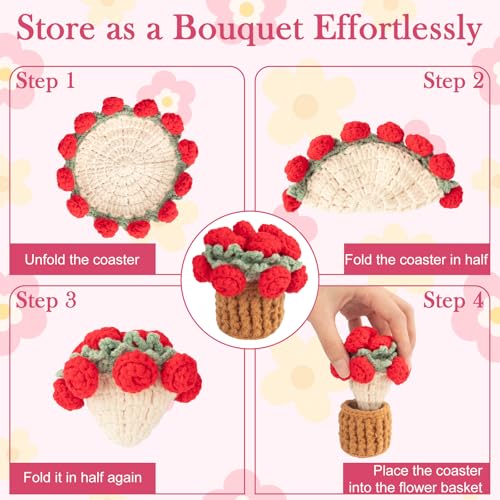 Crochet Flowers Coasters with Basket,Handmade Rose Bouquet Blanket Kawaii Decor Coaster for Desk,Coffee Table,Home Decor,Wedding Gift,Housewarming,Birthda(2Pcs) (Red,Pink) - color: Red,pink