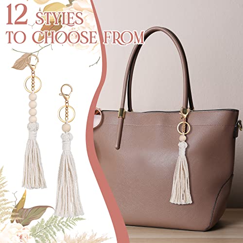 Junkin Macrame Boho Keychains Bulk Handcrafted Aesthetic Key Chain with Tassel for Women Car Key Purse Wallet Beige