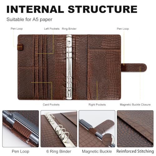 Convend A5/A6 Refillable 6 Ring Faux Leather Binder Cover, Brown Croc - color: Crocodile-brown, size: Luxe-A5