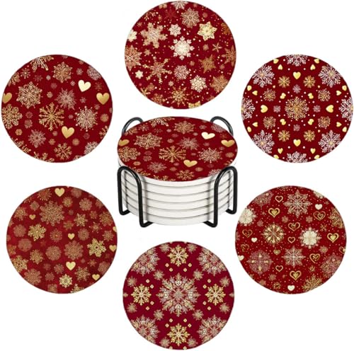 Nikyi 6 Pcs Christmas Red with Gold Snowflakes Heart Ceramic Absorbent Coasters, Round Drink Coaster with Metal Holder and Cork Base, for Coffee Cup Kitchen Home Table Office Desk Gift Home Decor - color: Christmas Red With Gold Snowflakes Heart
