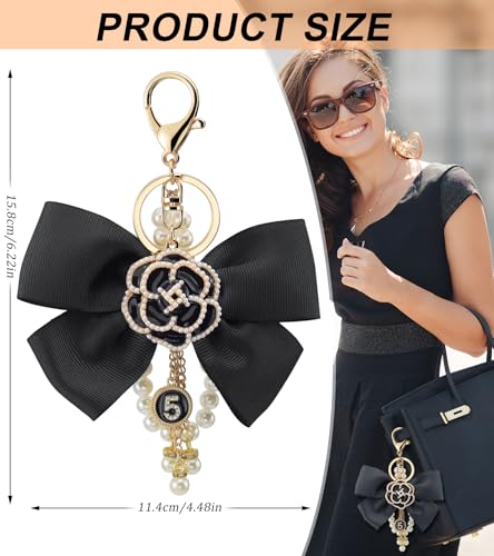 Camellia Flower Purse Charm Keychain with Bow and Pearl Accents - color: Balck