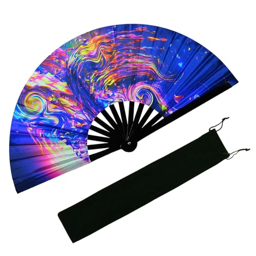 EOSAU Large UV Glow Rave Fan, Folding Hand Fans for Line Dancing, Waves - color: 13" Waves