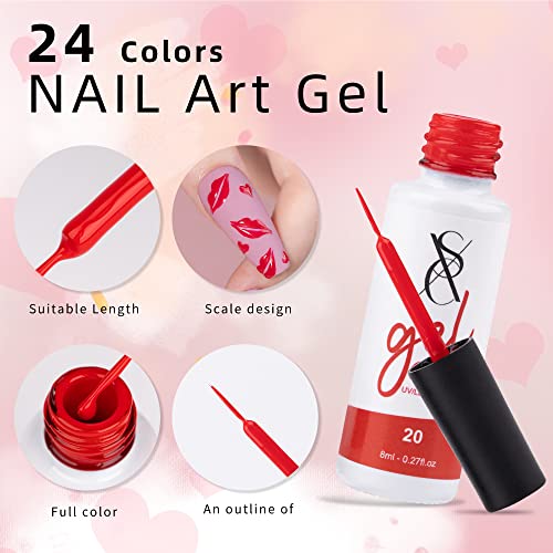 SXC Cosmetics 24-Color Gel Liner Set for Nail Art - With Built-in Thin Brush for Swirl Nail Designs and Soak-Off Gel Polish - color: 24 Colors Pro Series