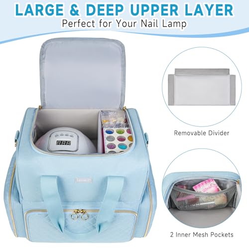 Nail Polish Organizer Holds 80+ Bottles,Nail Polish Carrying Case with 2 Removable Bags,Nail Organizers and Storage for Nail Tech,Portable Nail Polish Supplies Holder,Mother Day Gift for Women Grils - color: Light Blue