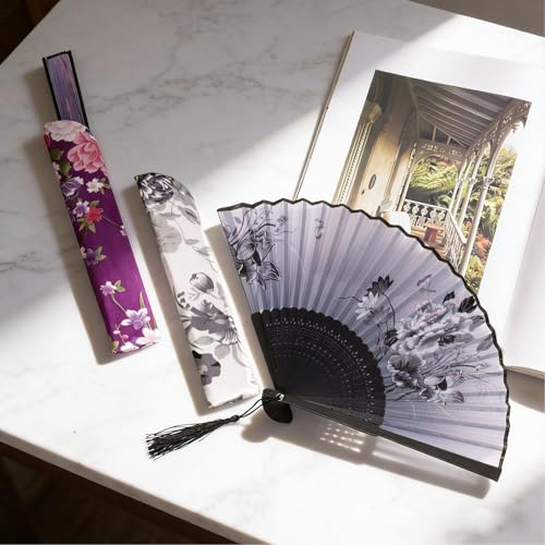2 Pcs Handheld Folding Fans with Tassel Chinese Folding Fan for Women Silk Bamboo Hand Held Fan with Fabric Sleeve for Dancing Wedding Decoration
