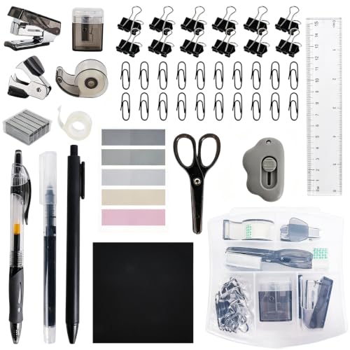 Mini Office Supply Kit, Mini Stapler with Staples and Tape Dispenser Set, Mini School Supplies Kit Includes Sticky Notes Index Tabs Gel Pens for Office & School (Black) - color: Black