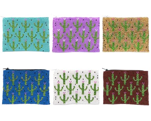 Multi Saguaro Cactus Pattern Czech Glass Seed Beaded Coin Purse Zipper Pouch - Womens Fashion Handmade Bags Boho Travel Accessories (White) - color: White
