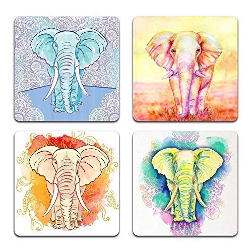 Watercolor Elephant Square Coaster Set - Made of Recycled Rubber - Set of 4 - color: Watercolor Elephant