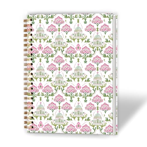 Indian Block Print Inspired Pink Floral Spiral Notebook 5.5x8.3, Retro Spring Flower Journal for Women, Green and Pink Flower Grandmillennial Hardcover Notebook Journal - color: Color_3