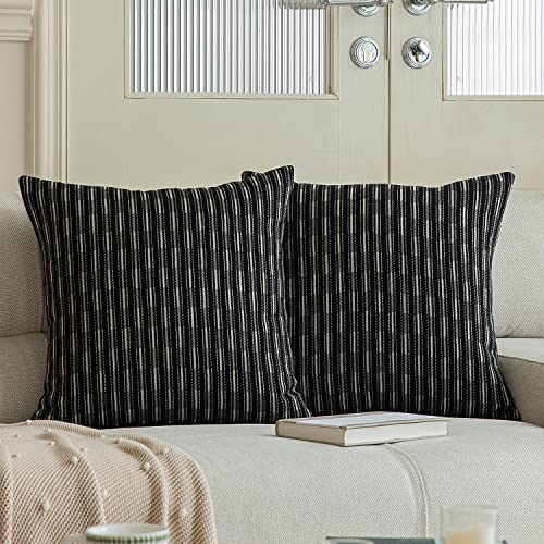 Kevin Textile Pack of 2 Farmhouse Decorative Throw Pillow Covers Boho Woven Texture Burlap Linen Cushion Cover Striped Pillowcase, Black 18 x 18 inches 45 x 45 cm - color: A-black, size: 18" x 18" (Pack of 2)