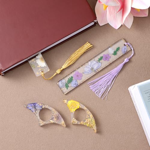 4 PCS Transparent Book Thumb Page Holder Bookmarks, Handmade Cute Bookmark with Tassel Dried Flower Bookmarks Reading Accessories Book Lover Gifts for Reading Lover Students Teachers