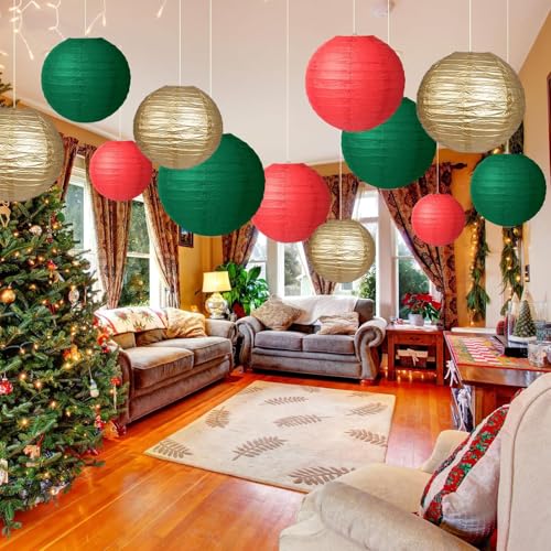 Green Red Paper Lanterns Decorative 12pcs Christmas Hanging Decorations for Graduation Anniversary Birthday Party - color: Red,chistmas Green,gold